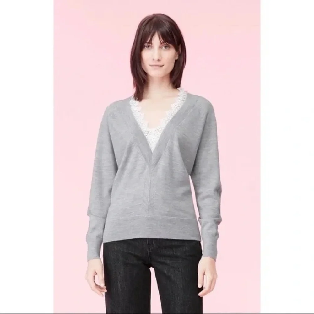 REBECCA TAYLOR Grey Lace Combo Pullover